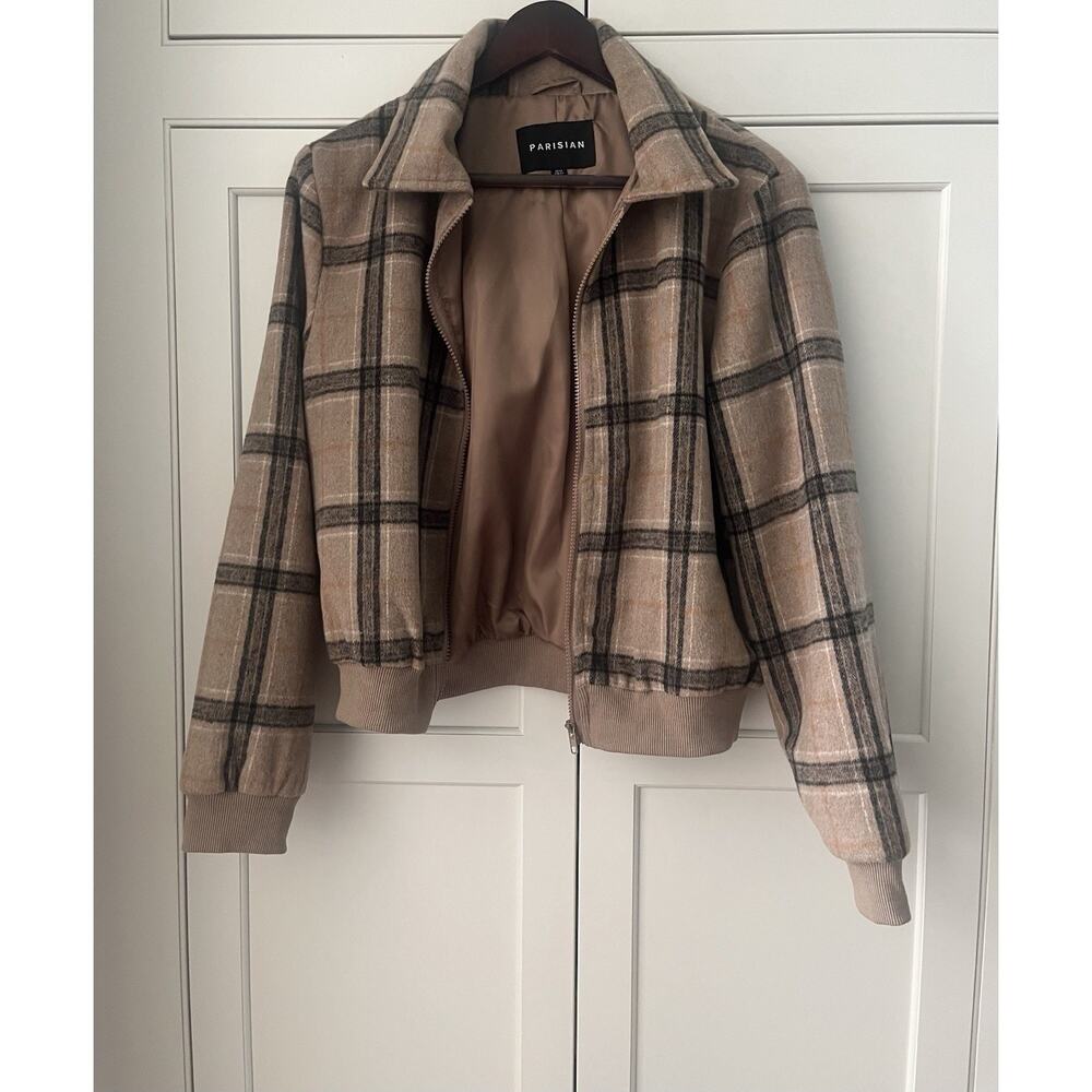 Parisian women bomber jacket Sz. 10 plaid brown academia preppy - Picture 2 of 7